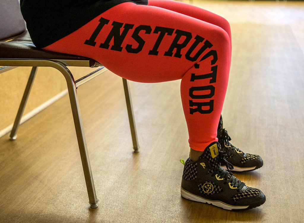 Darliene Ifiorah suits up in Zumba apparel for a class at the Stillaguamish Senior Center in Arlington. (Olivia Vanni / The Herald)
