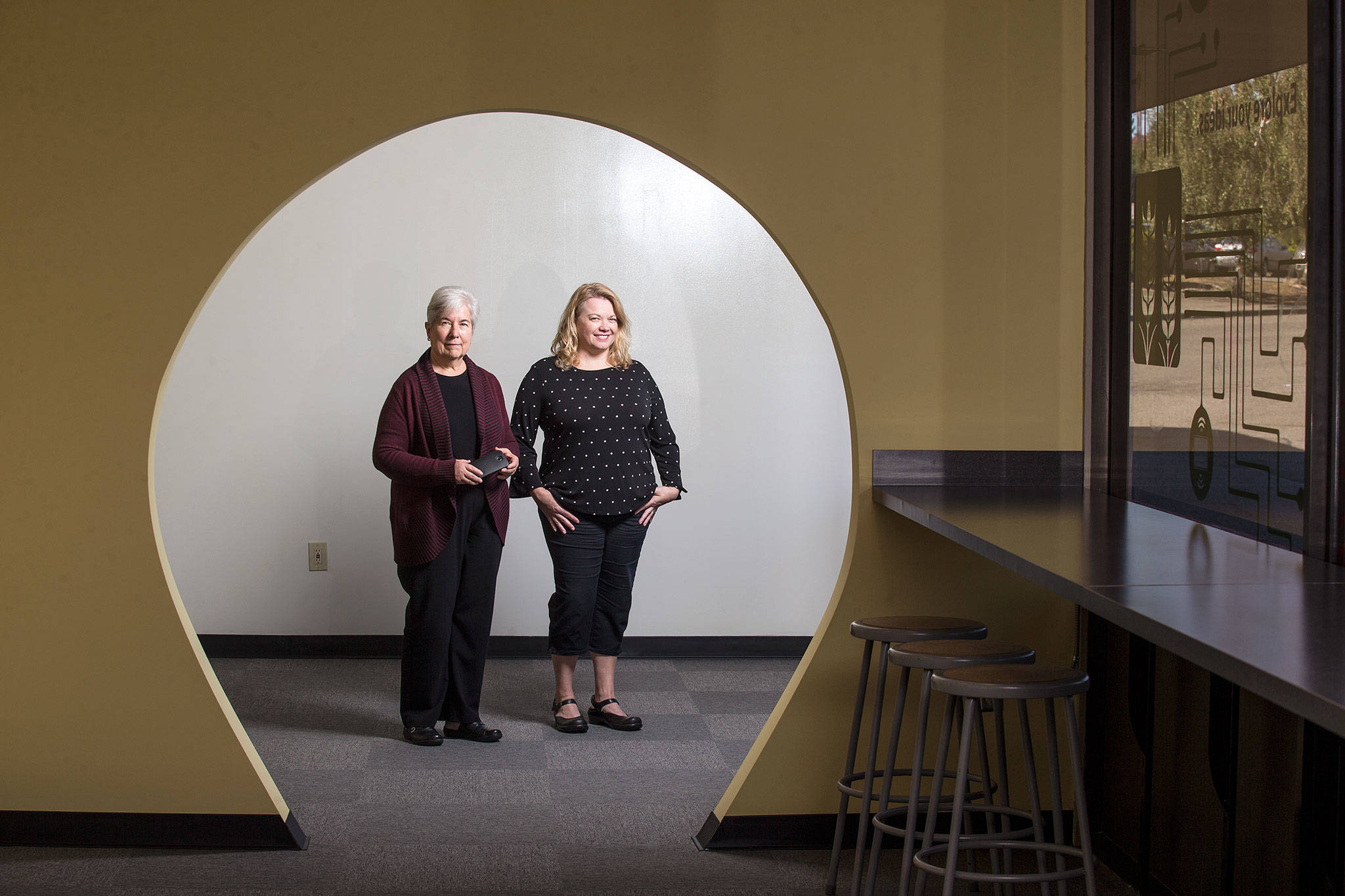Executive Director Diane Kamionka (left) and Program Director Lara Merriam-Smith of the Northwest Innovation Resource Center at TheLab@everett, an incubator for entrepreneurs. (Andy Bronson / The Herald)