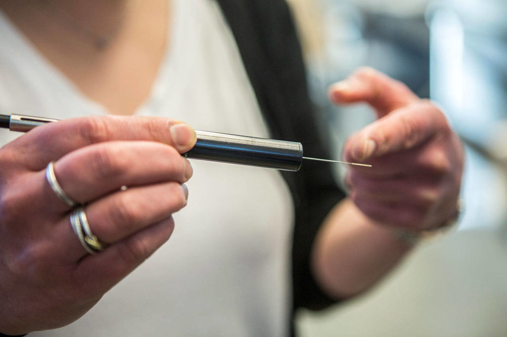 An example of a solid phase micro extraction fiber. (Olivia Vanni / The Herald)
