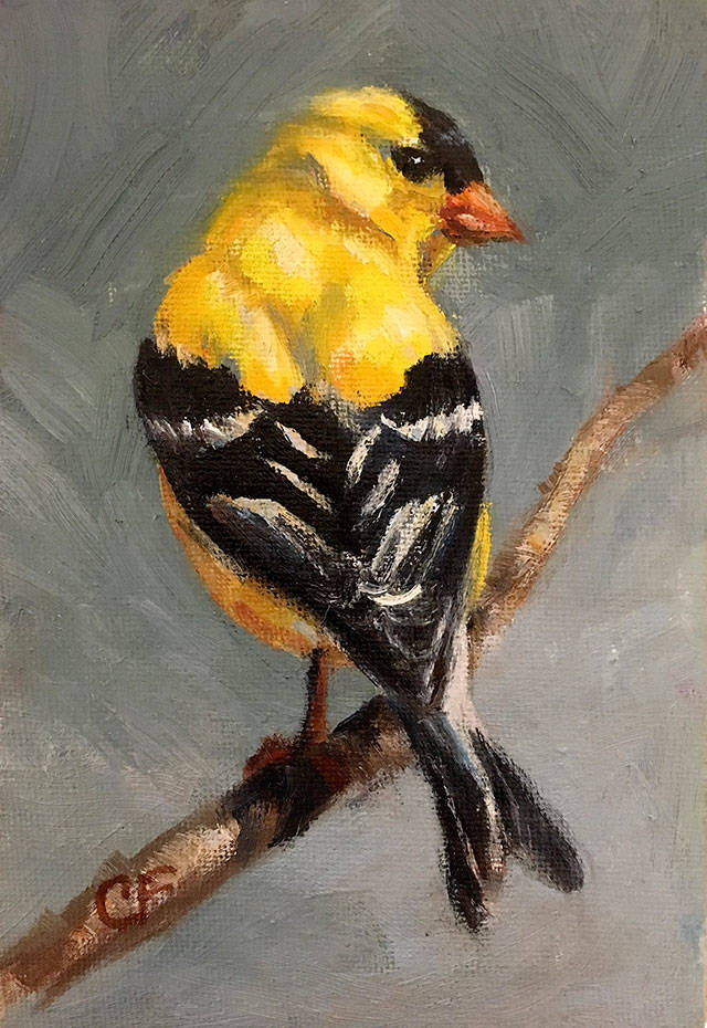 Christine Forcucci’s painting, “Gold Finch,” is part of her exhibit on display at the Mountlake Terrace Library in October.