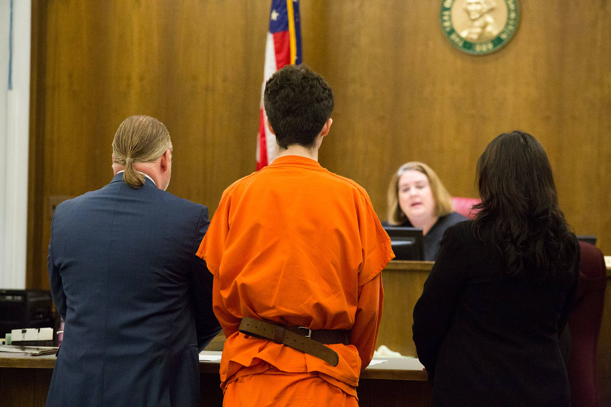 Caya Lenay, of Lynnwood, pleads guilty in the murder of Julie Knechtel, who was killed while trying to defend her son from teenage robbers in 2017, at the Snohomish County Courthouse on Friday in Everett. (Andy Bronson / The Herald)