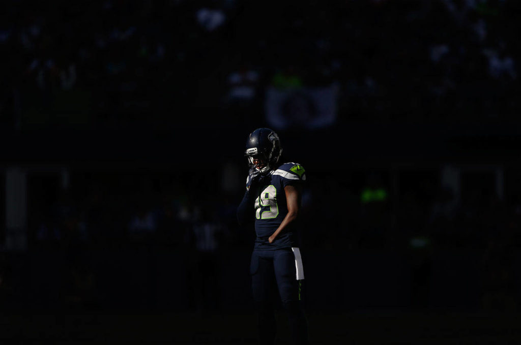 Seahawks’ Shaquem Griffin adjust his helmet before the snap during the game against the Dallas Cowboys on Sept. 23, 2018 in Seattle, Wa. (Olivia Vanni / The Herald) 
