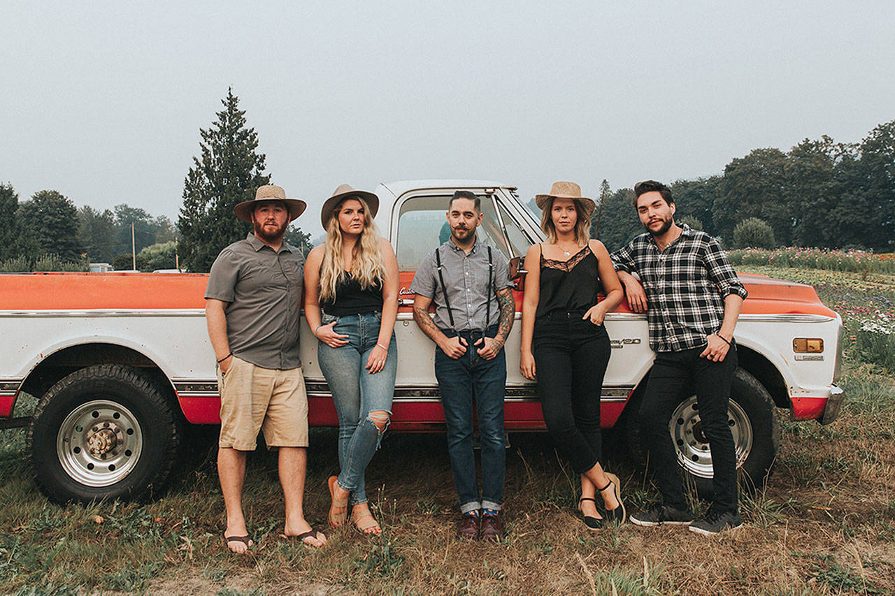 Snohomish indie rock band Fretland is playing at Wild Coyote Americana and Country Music Festival, hosted by Everett Music Initiative, Oct. 5 in downtown Everett. From left: Kyler Barnes, Kara Belle Fretland, Kenny Bates, Hillary Grace Fretland and Jake Haber. (Becca Tapert Photography)