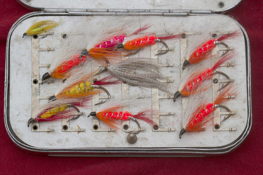 Al Knudson’s steelhead fly box with a few of his special patterns. (Courtesy of the Evergreen Fly Fishing Club)
