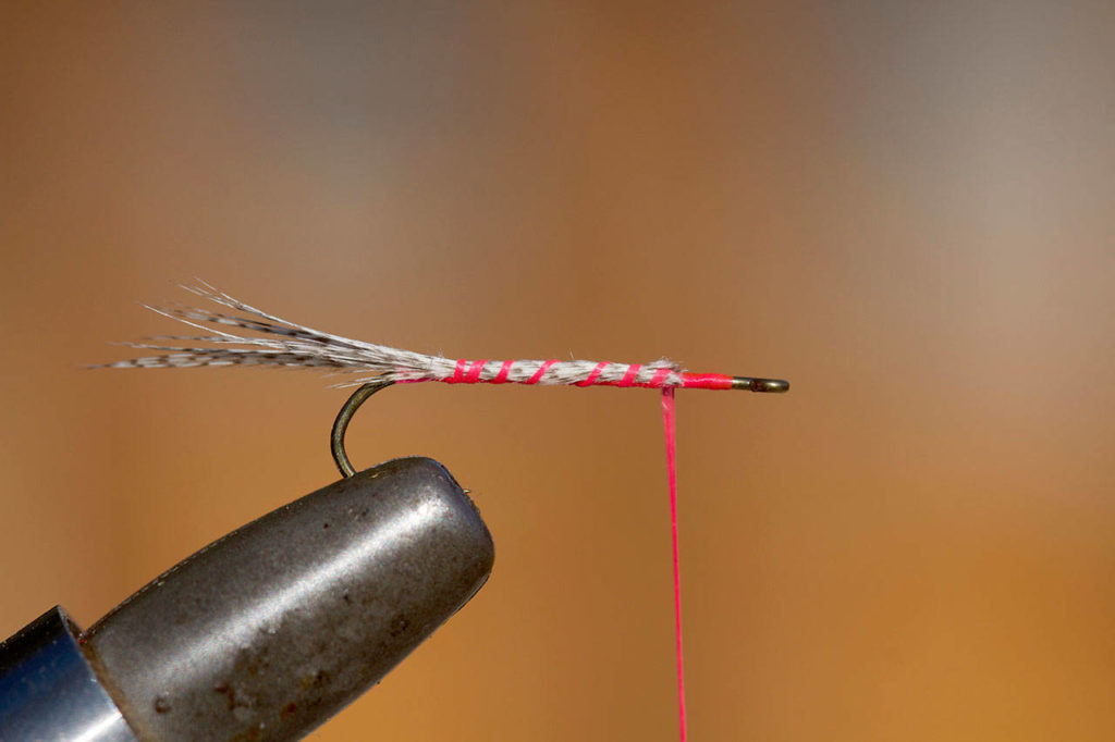Secure about a dozen mallard fibers for tail. (Mike Benbow photo)
