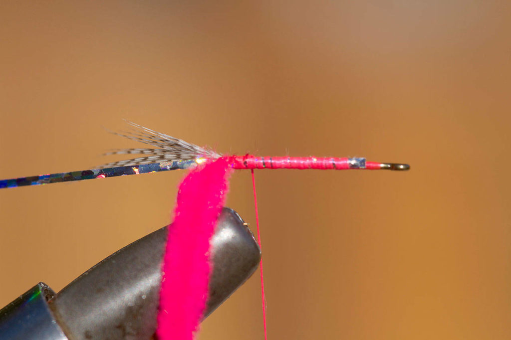 Tie in pieces of chenille and tinsel at bend of hook. Wrap thread back to hook eye. (Mike Benbow photo)
