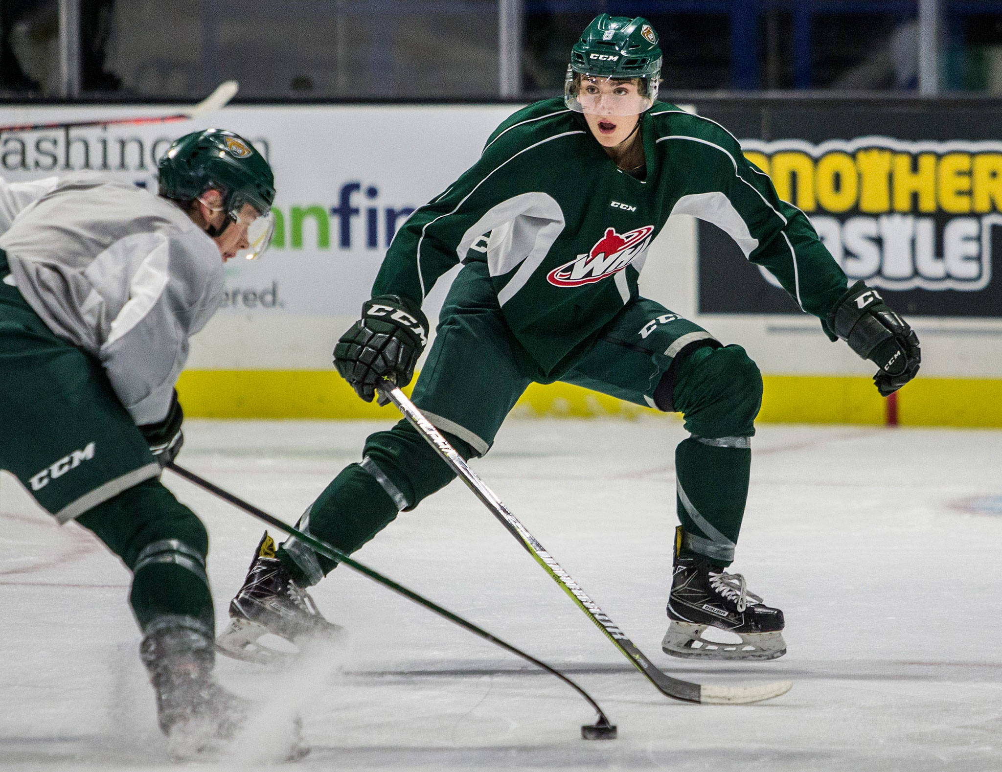 Silvertips defenseman Ronan Seeley runs through a drill during practice on Oct. 3, 2018, at Angel of the Winds Arena in Everett. (Olivia Vanni / The Herald)