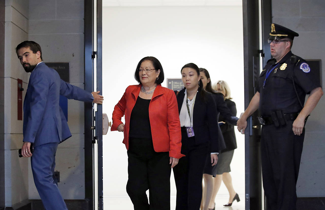 Sen. Mazie Hirono, D-Hawaii, departs after viewing the FBI report on sexual misconduct allegations against Supreme Court nominee Brett Kavanaugh Thursday in Washington. (AP Photo/Alex Brandon)