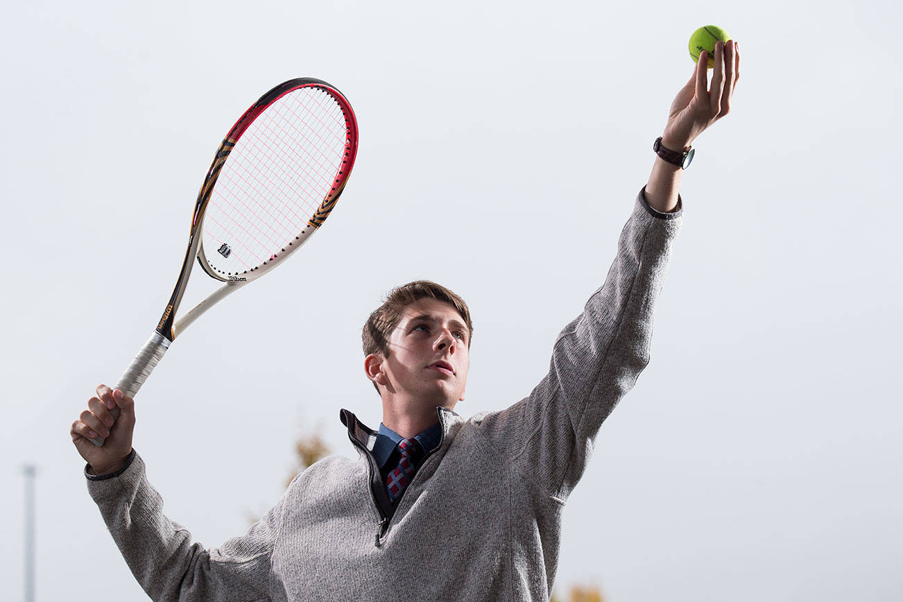 Arlington High School tennis player Ben Spores on Monday, Oct. 8, 2018 in Arlington, Wa. (Andy Bronson / The Herald)