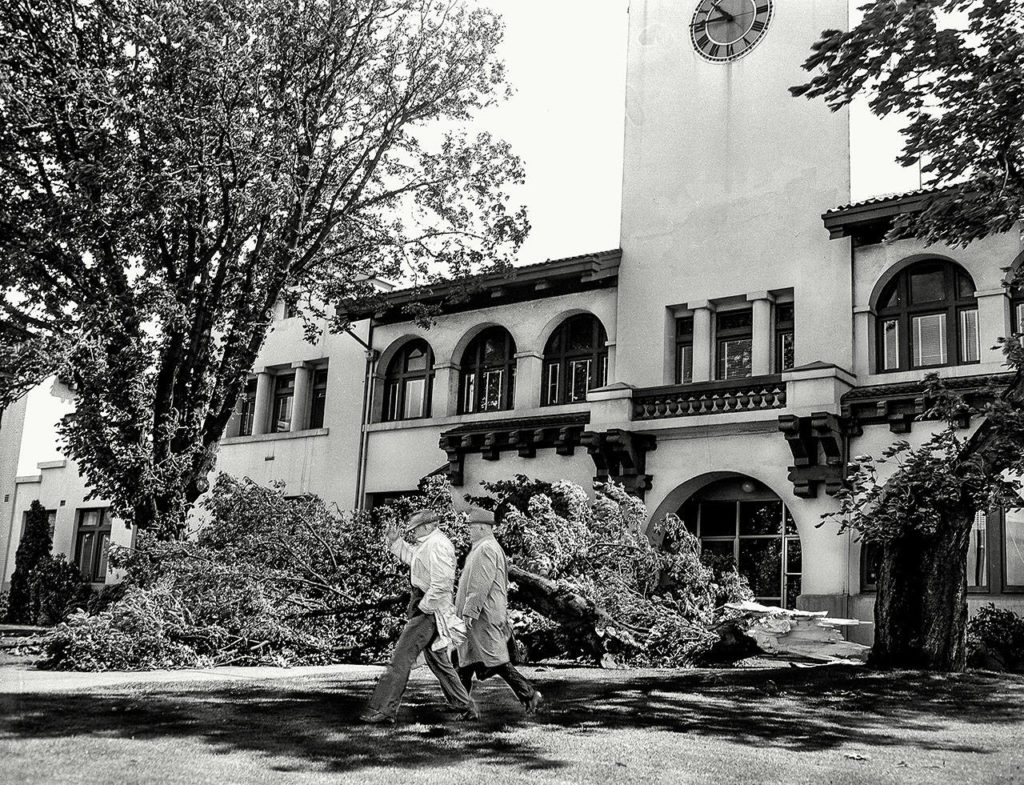 Damage from the Columbus Day Storm on October 12, 1962, in front of the Mission Building on the Snohomish County Courthouse Campus in Everett. (Herald File)
