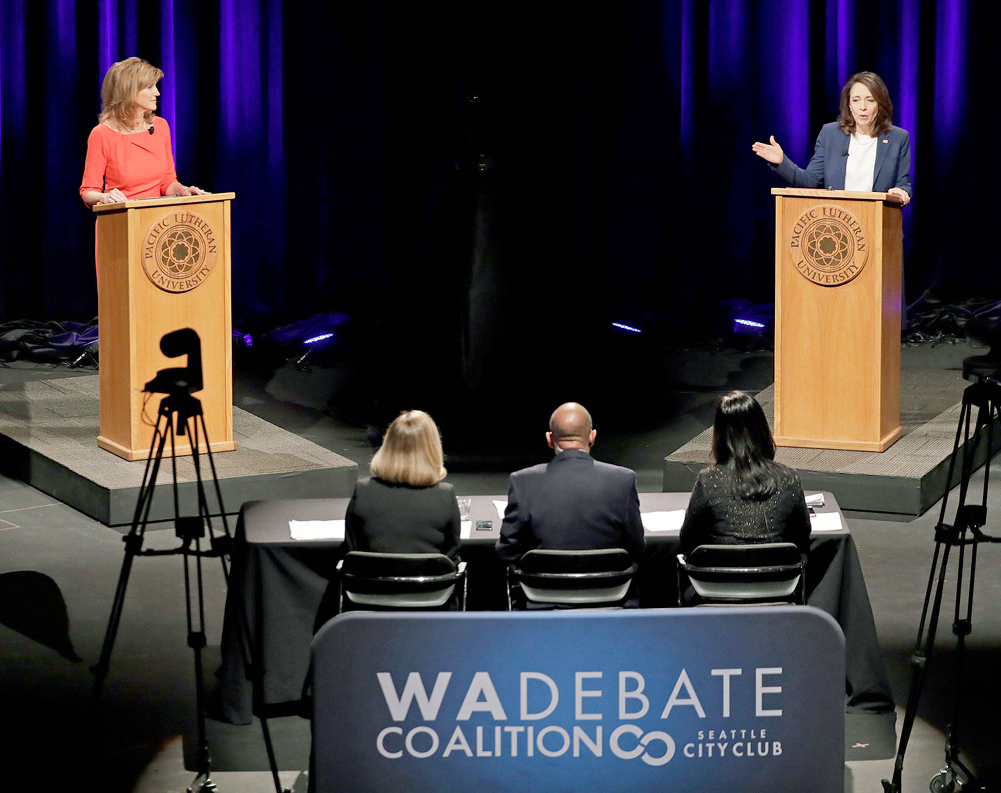 Sen. Maria Cantwell (right), D-Washington, speaks during a debate with her Republican challenger, Susan Hutchison, on Monday at Pacific Lutheran University in Tacoma. (AP Photo/Ted S. Warren)