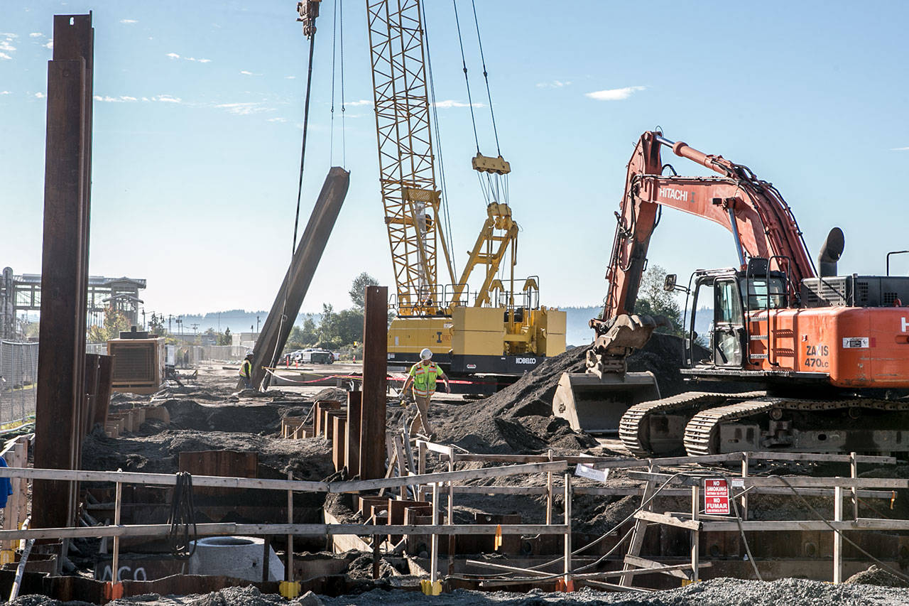 Work continues on the stormwater system at the construction site of the new Mukilteo ferry terminal. (Kevin Clark / The Herald)