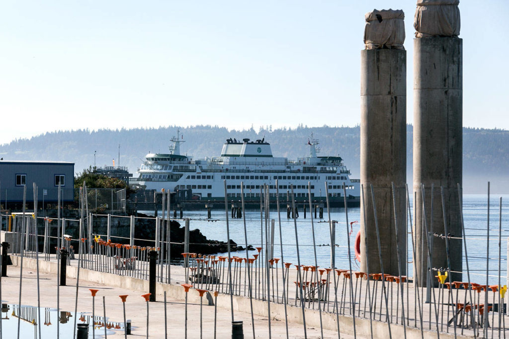 In sight of the current ferry, the construction site of the new Mukilteo ferry terminal. (Kevin Clark / The Herald)
