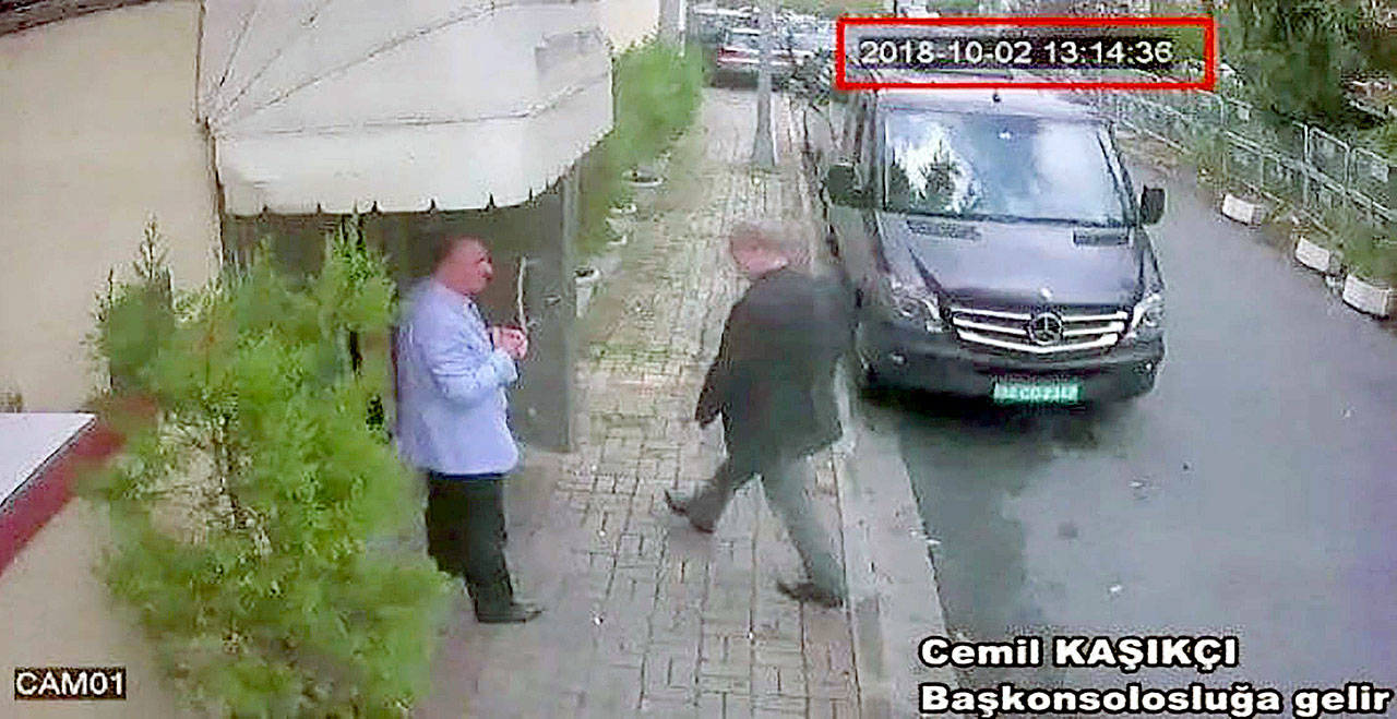 This video image obtained by the Turkish newspaper Hurriyet purportedly shows Saudi Arabian journalist Jamal Khashoggi entering the Saudi consulate in Istanbul. Turkey said it will search the consulates as part of an investigation into the disappearance of the missing contributor to The Washington Post, a week after he vanished during a visit there. (CCTV/Hurriyet via AP)