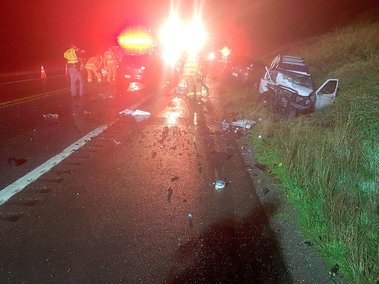 A four-car crash snarled traffic and injured people Tuesday on U.S. 2 near the Three Lakes Road overpass. (Washington State Patrol)