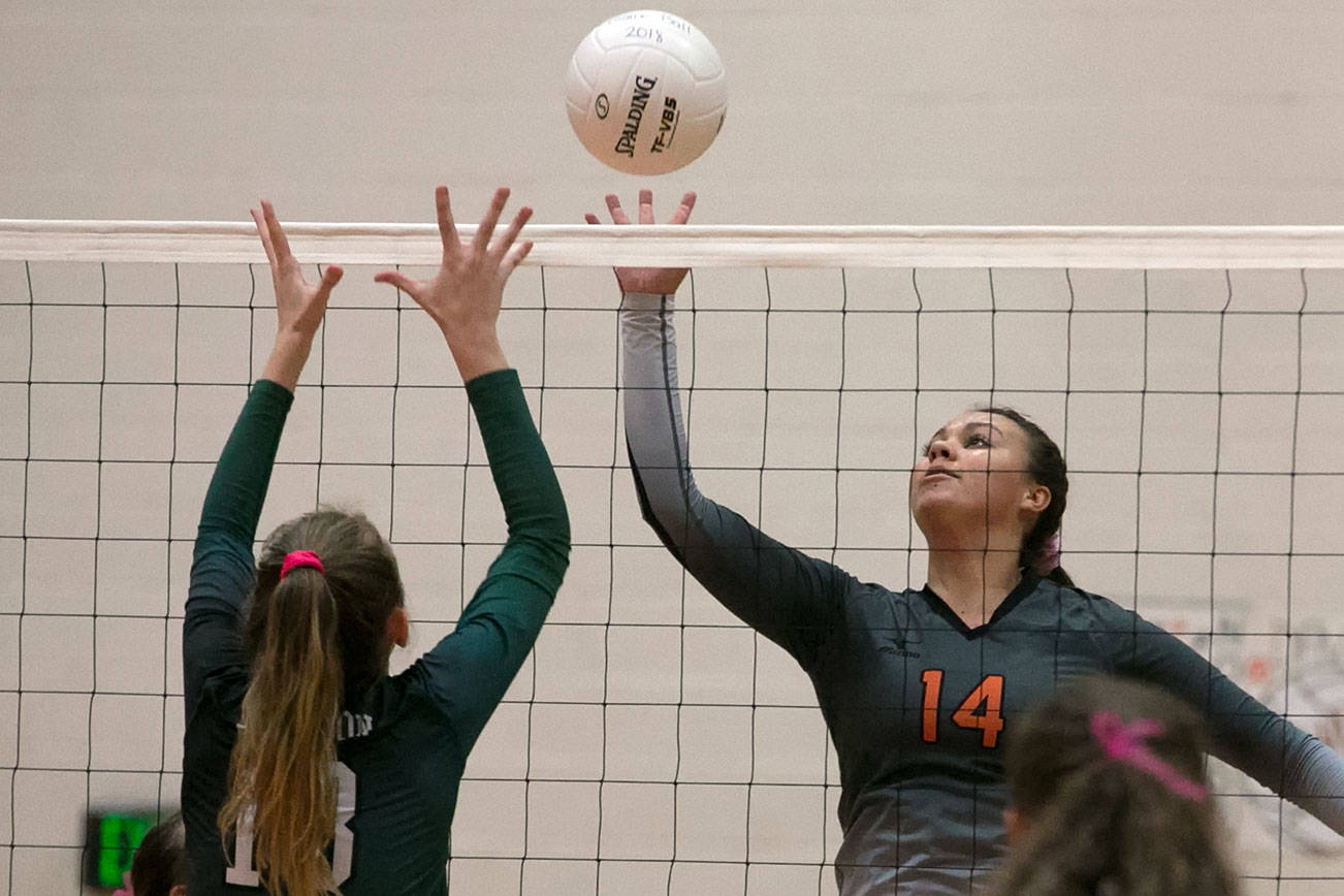 Monroe’s Samantha Zimmerman attempts a block on Jackson’s Ava Doney Tuesday night at Monroe High School on October 9, 2018. (Kevin Clark / The Herald)