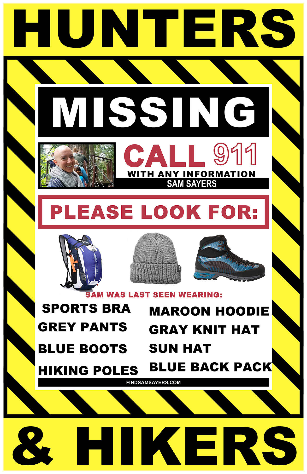 With deer hunting season opening Saturday, more than 100 of these #findsamsayers signs are being posted along the Mountain Loop Highway. Seattle hiker Samantha Sayers has been missing since Aug. 1 at Vesper Peak. (Courtesy of Julie Newberry)