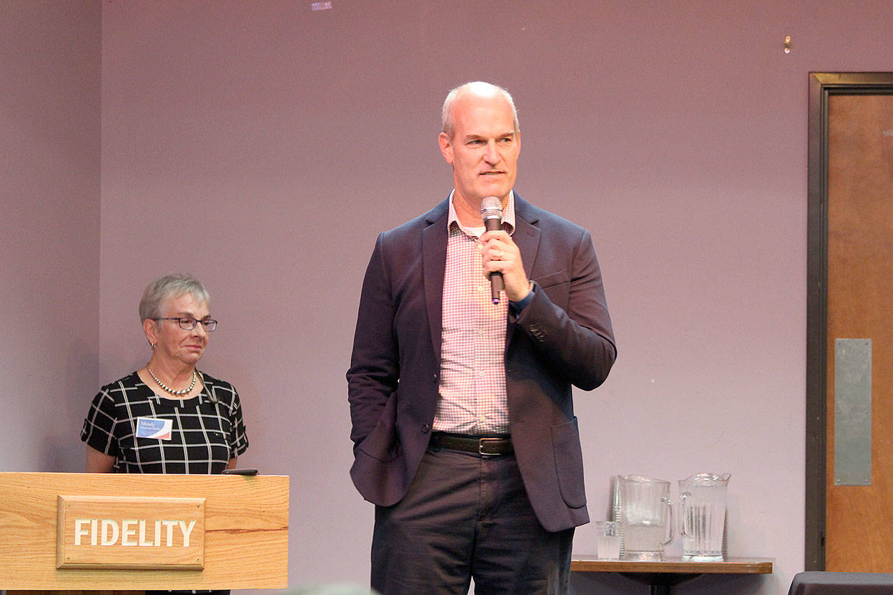 U.S. Rep. Rick Larsen speaks at a League of Women Voters forum in Oak Harbor last week. (Jessie Stensland / Whidbey News-Times)