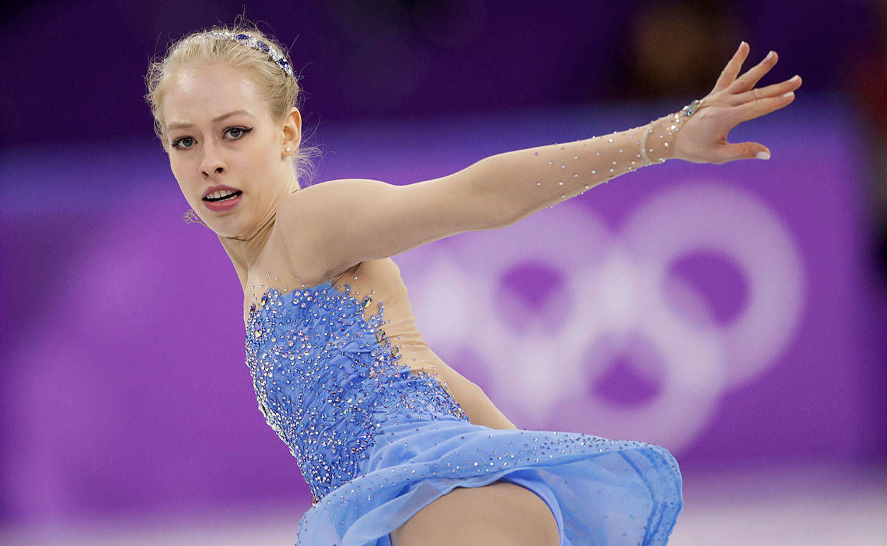Bradie Tennell of the United States performs during the women’s free figure skating final at the 2018 Winter Olympics on Feb. 23, 2018, in Gangneung, South Korea. (AP Photo/Bernat Armangue)