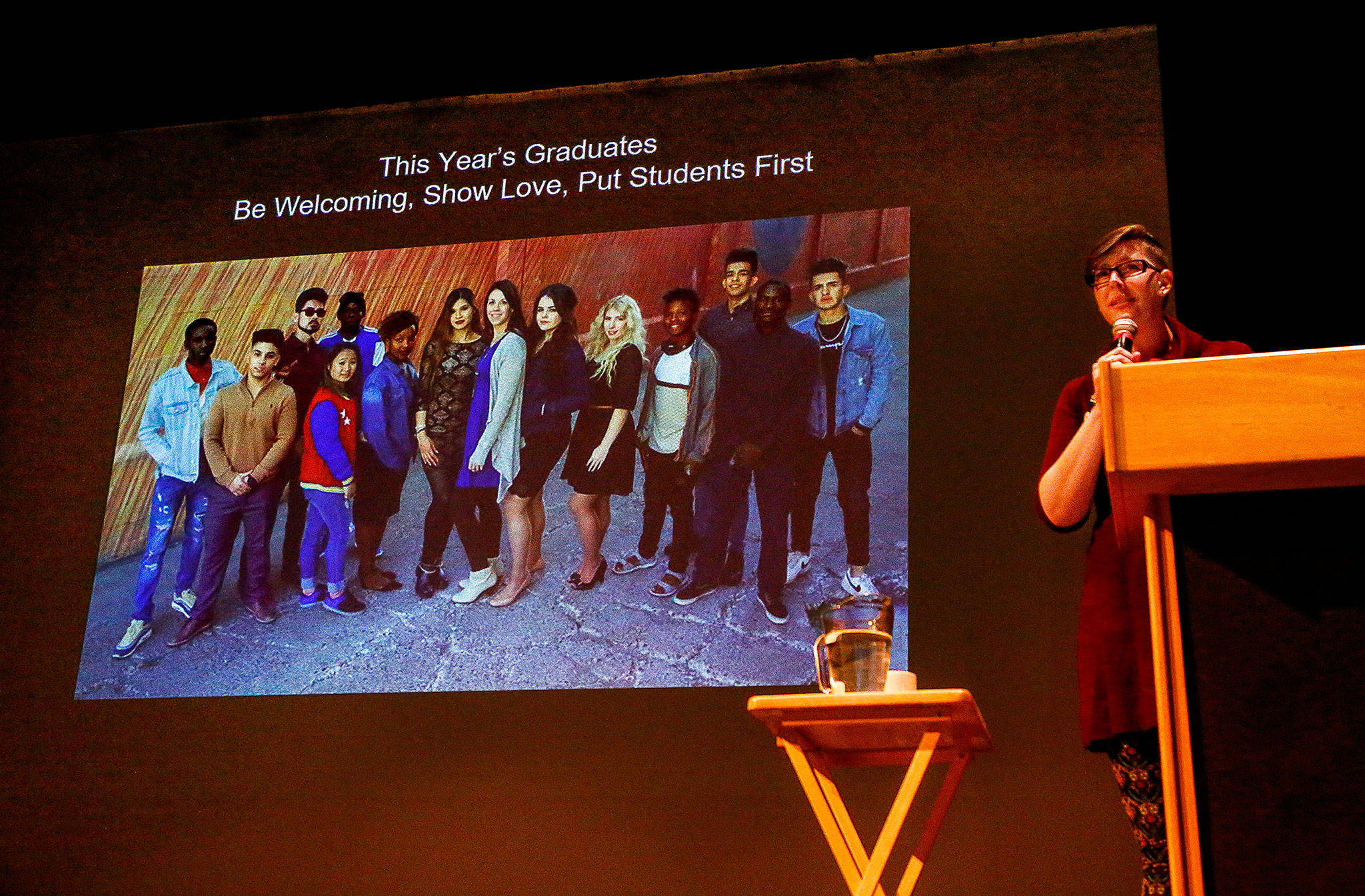 Mandy Manning, the 2018 National Teacher of the Year showed pictures and delivered her message of inclusion at a public event Monday at South Whidbey High School. Manning teaches at the Newcomer Center at Ferris High School in Spokane. (Dan Bates / The Herald)