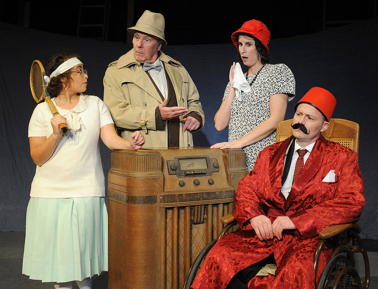Jeryn Pasha, David Persson, Lydia O’Day and Mike Merz in Red Curtain’s production of “The Real Inspector Hound,” opening Oct. 19 in Marysville. (Photo by Larry T. Lisk)