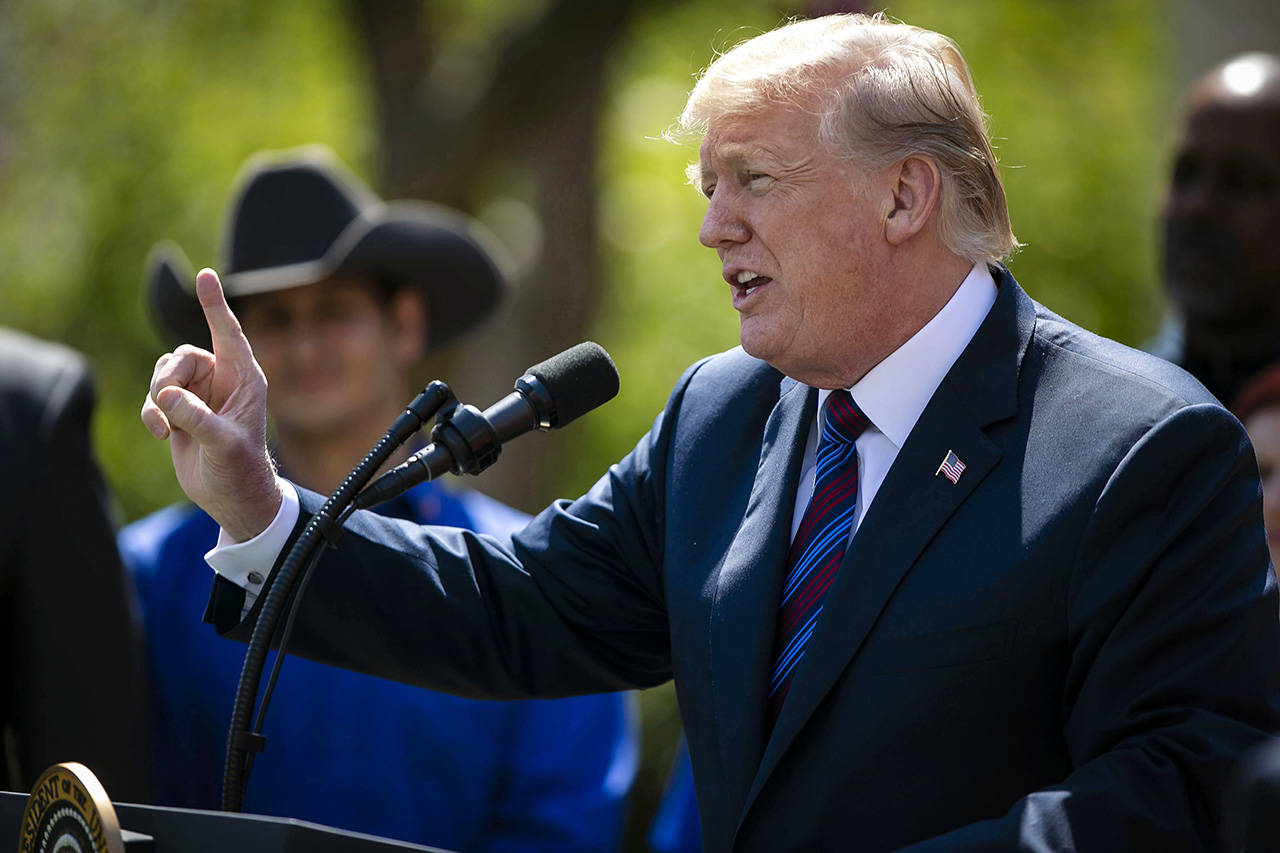 President Donald Trump speaks during an event on tax policy in the Rose Garden of the White House in Washington, D.C., on April 12. (Al Drago/Bloomberg)