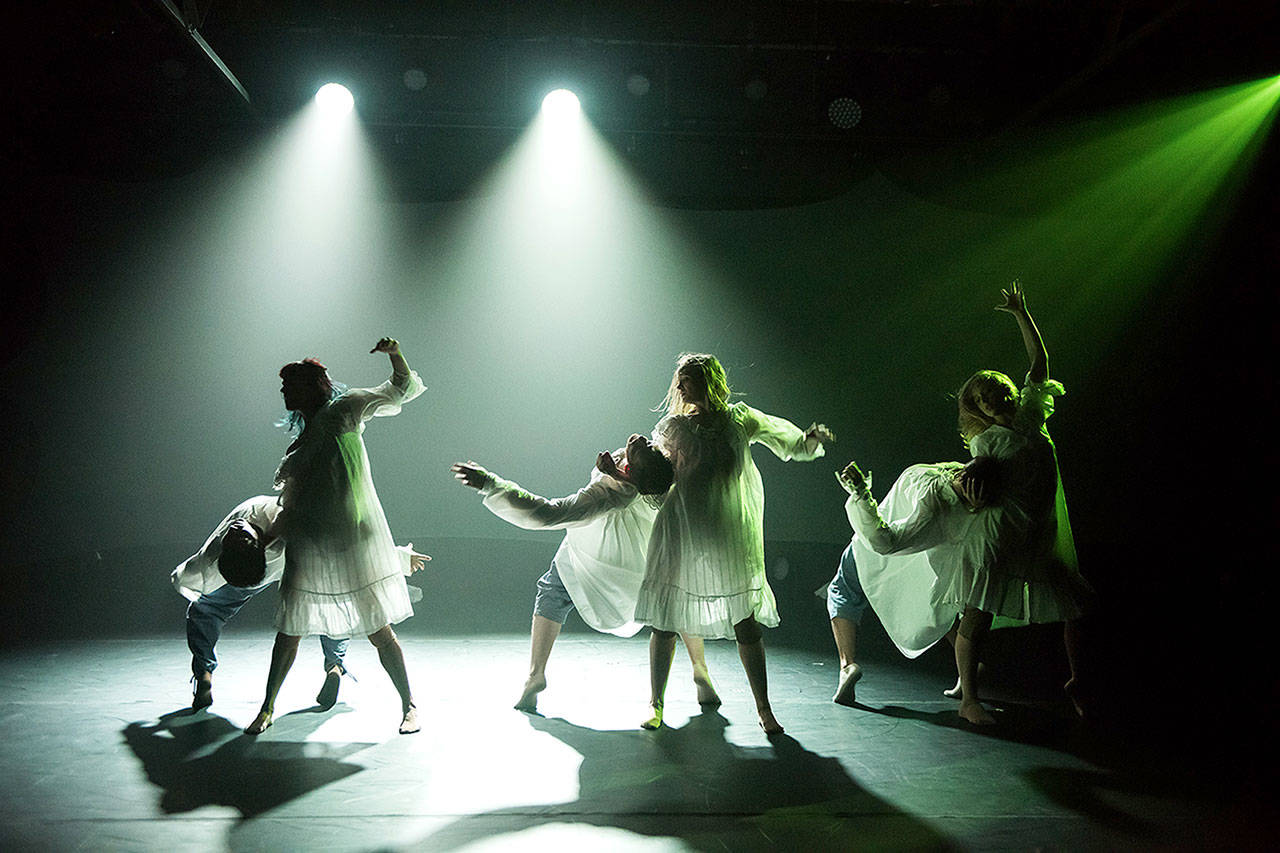 BodyVox, a dance company from Portland, Oregon, puts a fun spin on Halloween and classic horror tropes in “BloodyVox: Deadline October” coming Oct. 27 to the Edmonds Center for the Arts. The opening act, “Victorian Secrets,” is a family friendly twist on the 1973 horror film “The Exorcist.” (Jingzi Zhao)