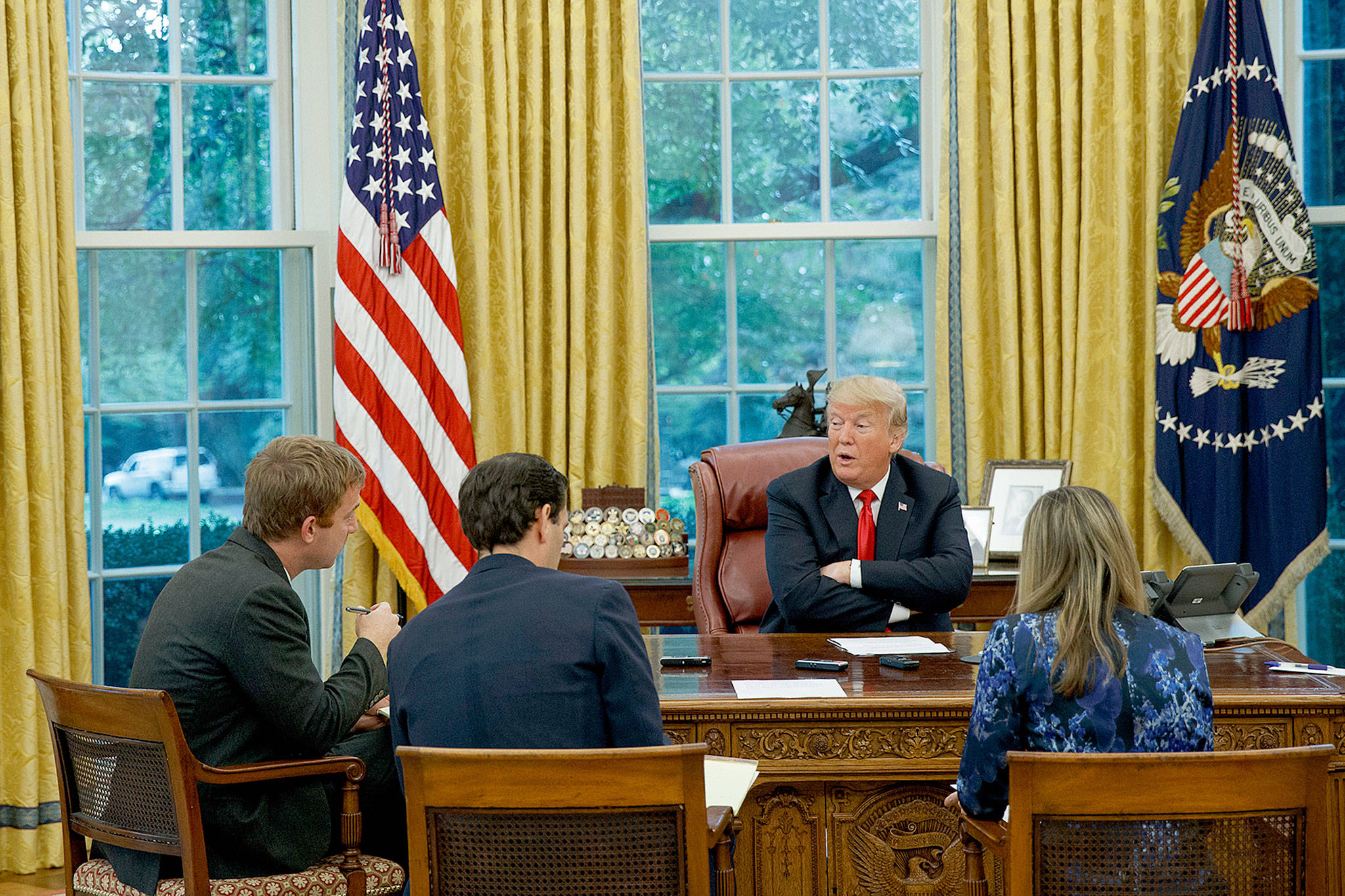 President Donald Trump speaks during an interview with The Associated Press in the Oval Office of the White House on Tuesday in Washington. (AP Photo/Evan Vucci)