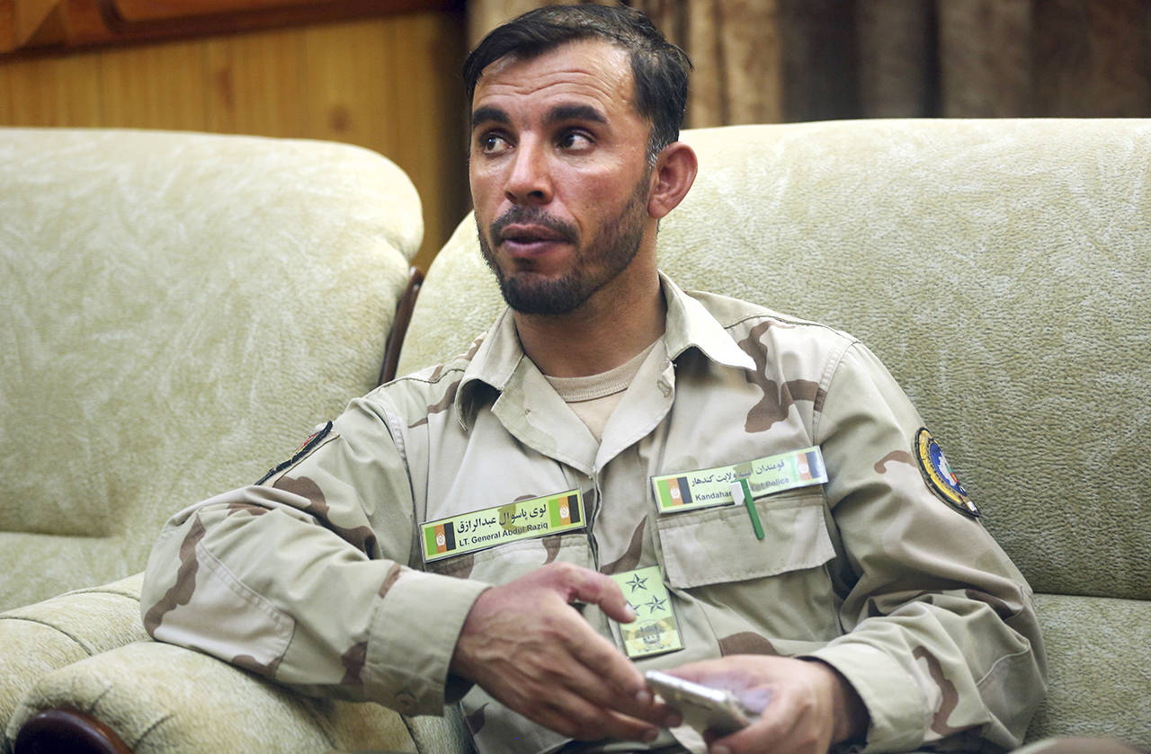 Gen. Abdul Raziq speaks during an interview with The Associated Press in Kandahar, Afghanistan, in 2016. The powerful provincial police chief was among the dead after members of an elite guard unit opened fire on him and other top officials. (AP Photo/Massoud Hossaini, File)