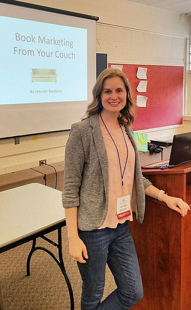 Herald columnist Jennifer Bardsley presenting on book marketing at the recent Edmonds Write on the Sound conference. (Jennifer Bardsley)