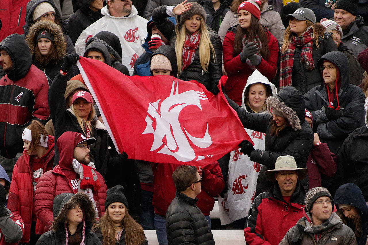Washington State fans wave a flag during the second half of a game against Stanford on Nov. 4, 2017, in Pullman. (AP Photo/Young Kwak)