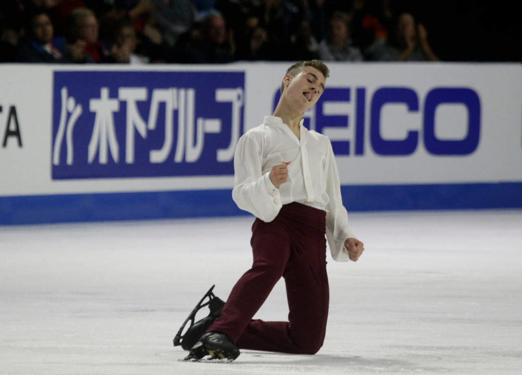 Mateo Rizzo of Italy reacts at the end of his men’s short program at the 2018 Skate America competition Friday at Angel of the Winds Arena in Everett. (Andy Bronson / The Herald)
