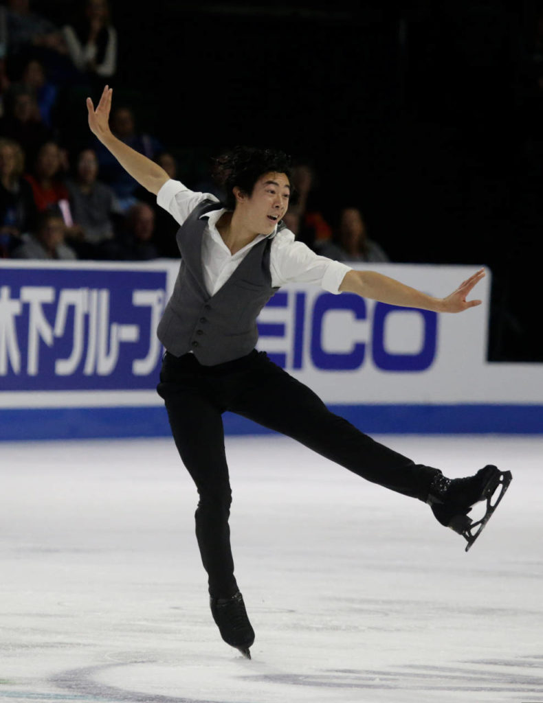 Nathan Chen skates towards the judges at the 2018 Skate America competition Friday at Angel of the Winds Arena in Everett. (Andy Bronson / The Herald)
