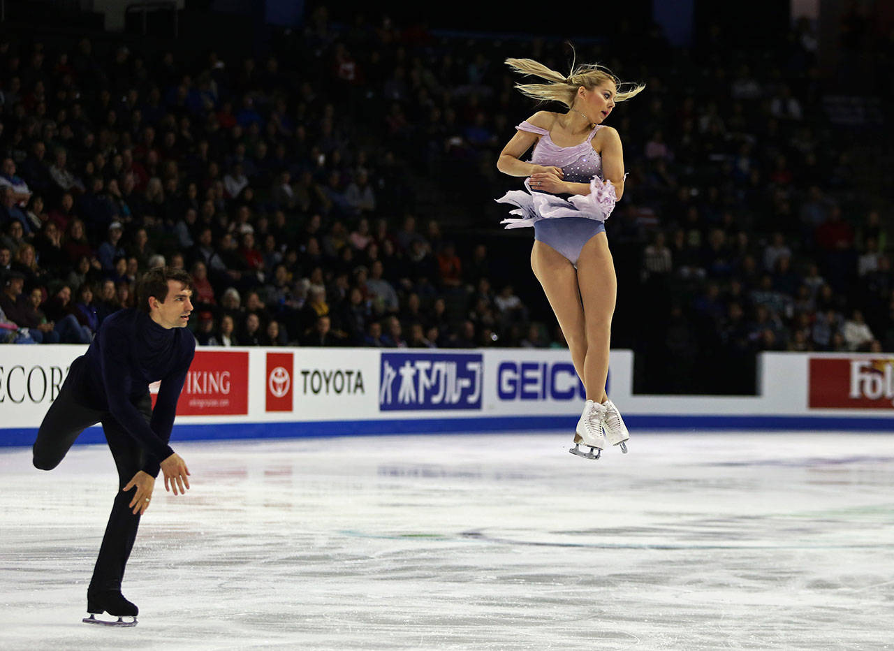 Alexa Scimeca Knierim and Chris Knierim perform during the pair’s free skating program at Skate America, Friday, Oct. 19, 2018, in Everett, Wash. (Olivia Vanni / The Herald)
