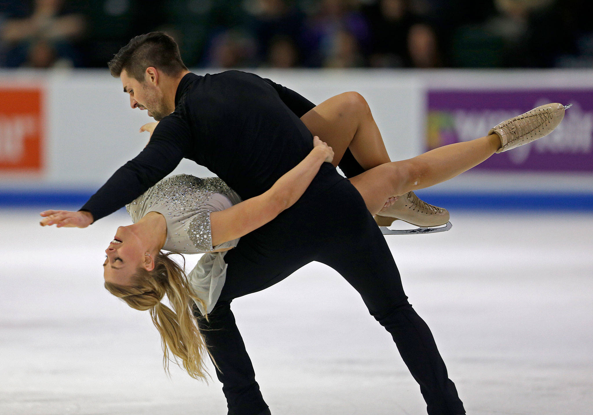 Madison Hubbell and Zachary Donohue perform during the free dance program at the 2018 Skate America competition on Sunday at Angel of the Winds Arena in Everett. (Olivia Vanni / The Herald)