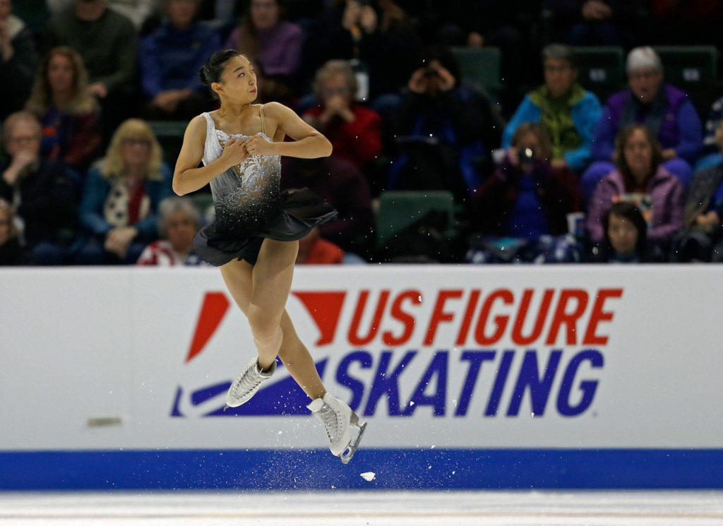 Kaori Sakamoto jumps during the ladies free skate program at the 2018 Skate America competition on Sunday at Angel of the Winds Arena in Everett. (Olivia Vanni / The Herald)
