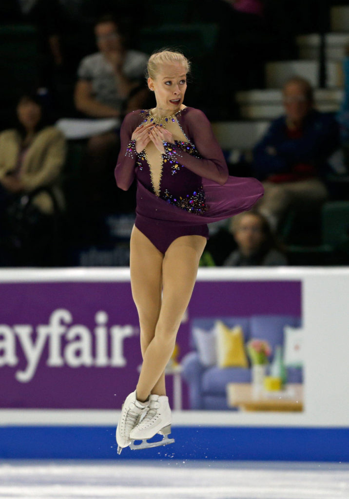 Bradie Tennell jumps during her ladies free skate program at the 2018 Skate America competition on Sunday at Angel of the Winds Arena in Everett. (Olivia Vanni / The Herald)
