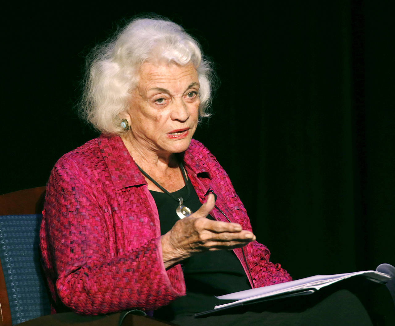 Retired U.S. Supreme Court Justice Sandra Day O’Connor speaks during a lecture, in Concord, New Hampshire, in 2014. O’Connor, the first woman on the Supreme Court, says she has the beginning stages of dementia and “probably Alzheimer’s disease.” (AP Photo/Jim Cole, File)