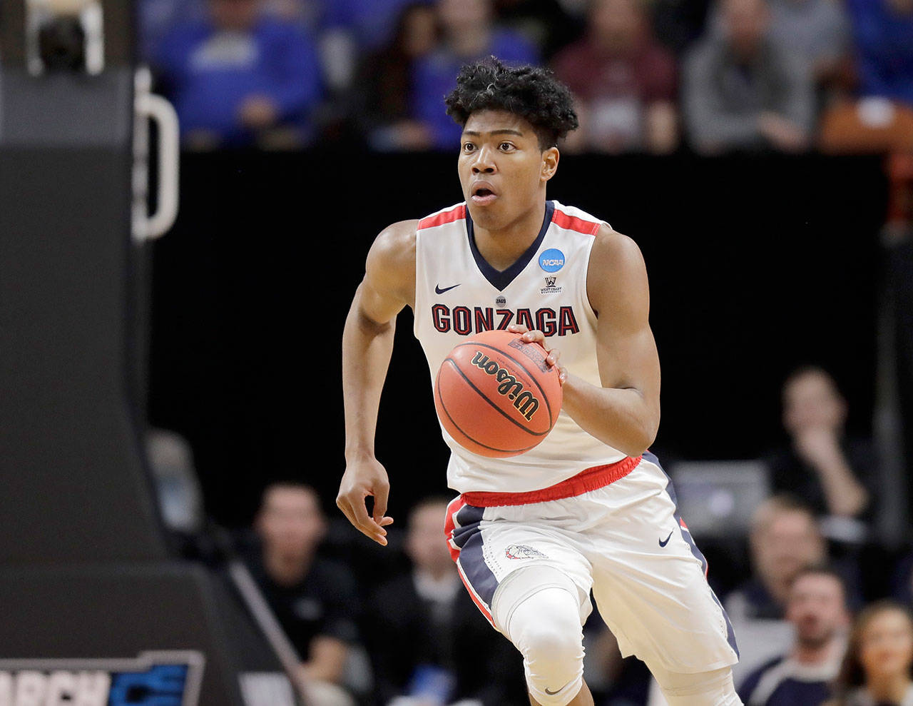 Gonzaga’s Rui Hachimura moves the ball during an NCAA Tournament first-round game against UNC-Greensboro on March 15 in Boise, Idaho. Hachimura is a huge part of what could be the Bulldogs’ best-ever team. (AP Photo/Ted S. Warren)