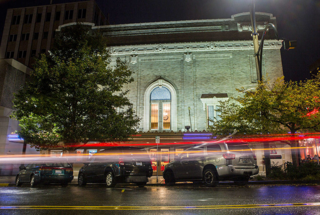 The Historic Everett Theatre at 2911 Colby Ave., is one of the locations of a walking audio tour. The Everett Museum of History produced the streaming podcast that takes people to scenes of grisly past incidents and purported supernatural encounters. (Olivia Vanni / The Herald)
