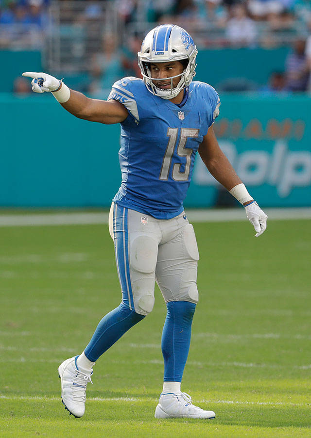 Lions wide receiver Golden Tate (15) gestures during the second half of a game against the Dolphins on Oct. 21, 2018, in Miami Gardens, Fla. (AP Photo/Lynne Sladky)