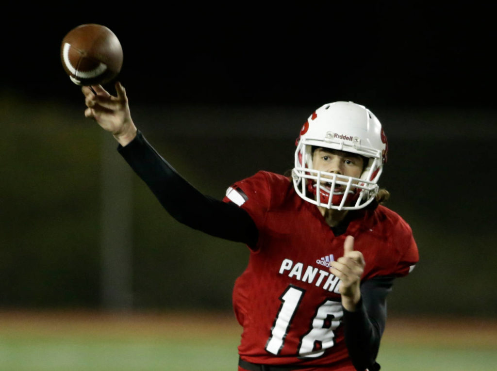Snohomish’s Tayte Conover throws a pass during the Panthers’ 30-27 win over Squalicum on Fridayat Veterans Memorial Stadium in Snohomish. (Andy Bronson / The Herald)
