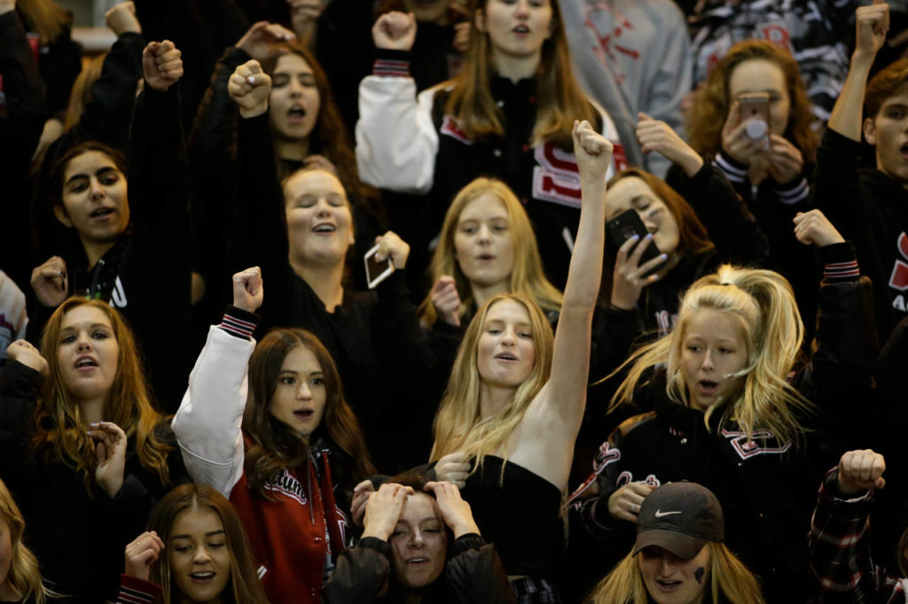 Snohomish students cheer after the Panthers beat Squalicum 30-27 on Fridayat Veterans Memorial Stadium in Snohomish. (Andy Bronson / The Herald)
