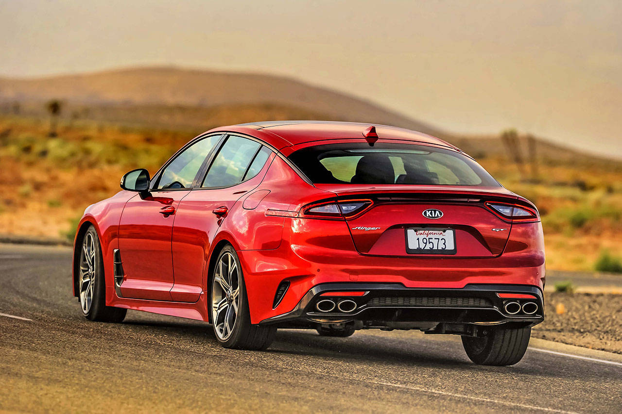 The 2018 Kia Stinger is available with a 255-horsepower four-cylinder engine or a 365-horsepower V6. On all models, rear-wheel drive is standard and all-wheel drive is optional. (Manufacturer photo)