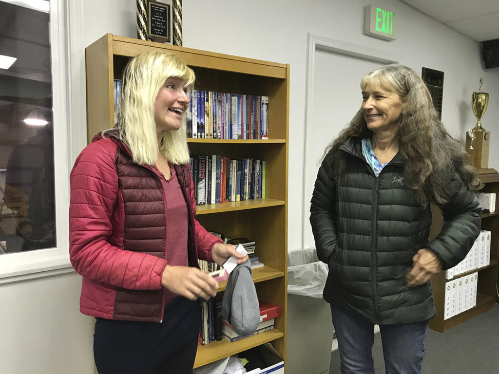 Katharina Groene (left) of Munich, Germany, and Nancy Abell speak to reporters after a news conference Wednesday. Abell encountered Groene on the Pacific Crest Trail last week, then became concerned when she heard the weather was getting bad. (Chuck Taylor / The Herald) 
