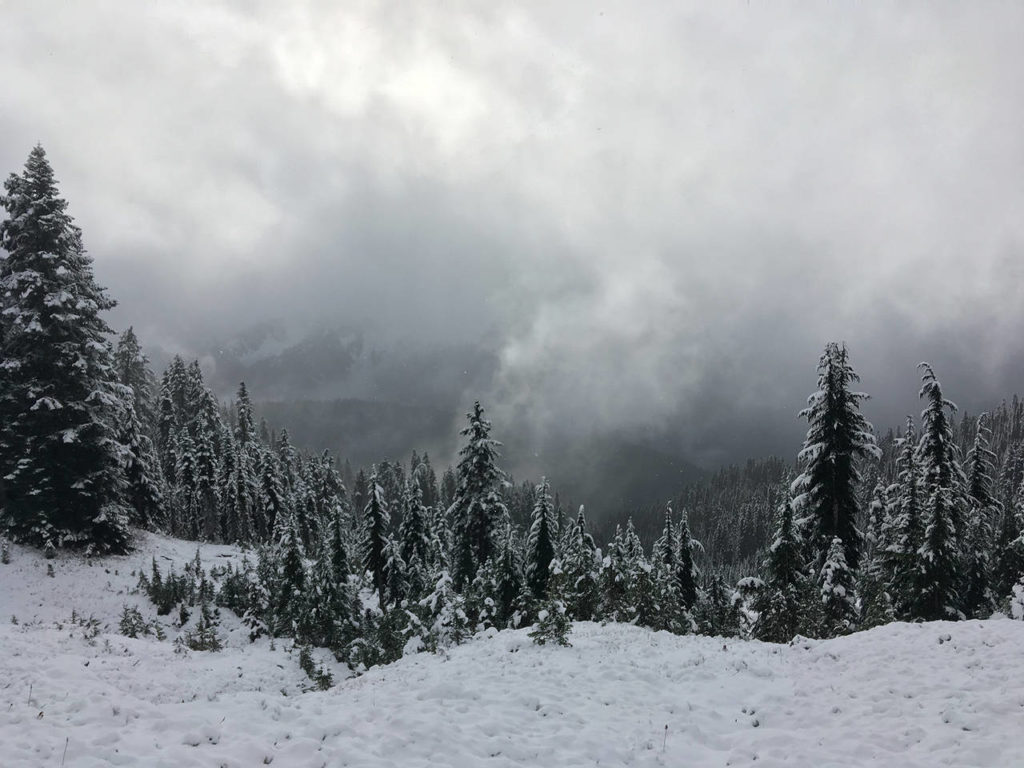 The snowstorm Katharina Groene encountered on the Pacific Crest Trail on Sunday in the Glacier Peak Wilderness. (Katharina Groene) 
