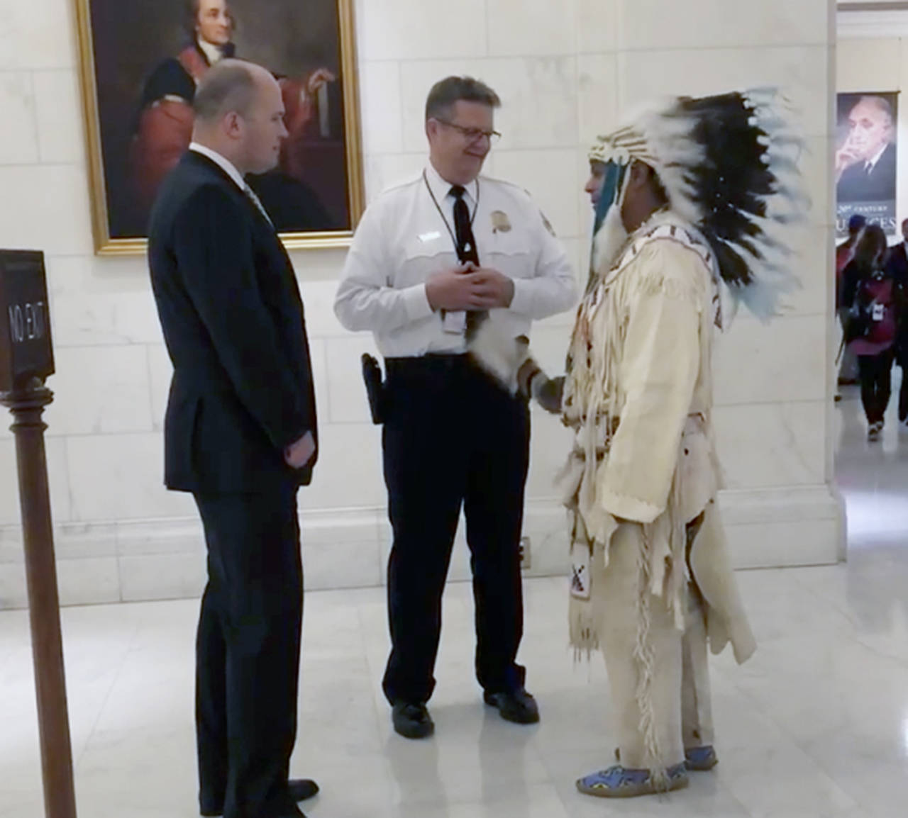 Yakama Nation Tribal Council Chairman JoDe Goudy was denied access to a U.S. Supreme Court hearing Tuesday because he wouldn’t remove his traditional feathered headdress. (JoDe Goudy’s Facebook page)