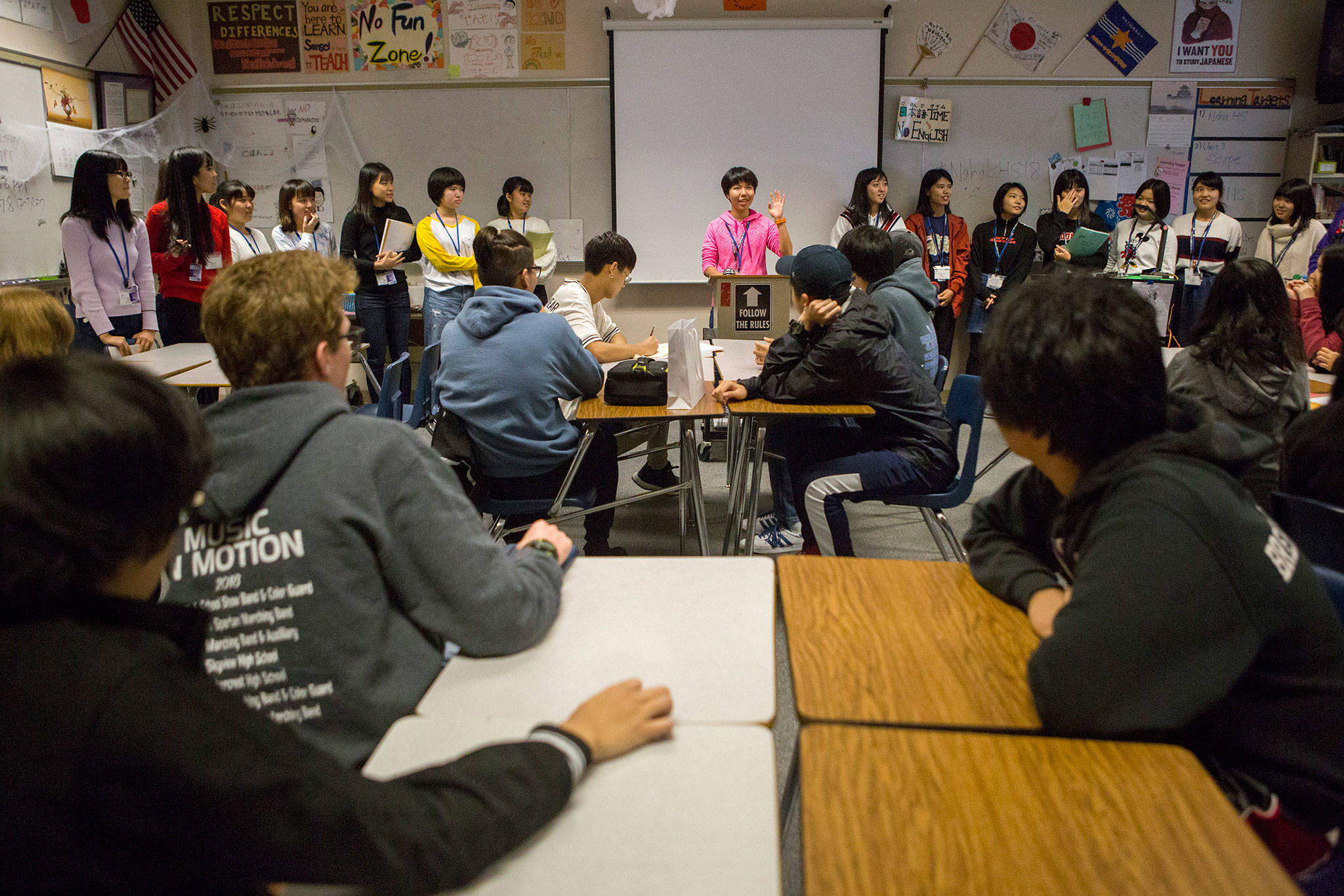 Aya Tsuhako speaks during a Japanese language class at Kamiak High School. (Olivia Vanni / The Herald)