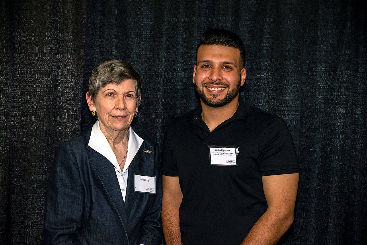 Anne Loring, widow of U.S. Marine Corps Lt. Col. Arthur P. Loring Jr., stands alongside Everett Community College student Carlos Figueroa, who earned the scholarship named for Lt. Col. Loring and the Gary Parks Memorial Scholarship. (Contributed photo)