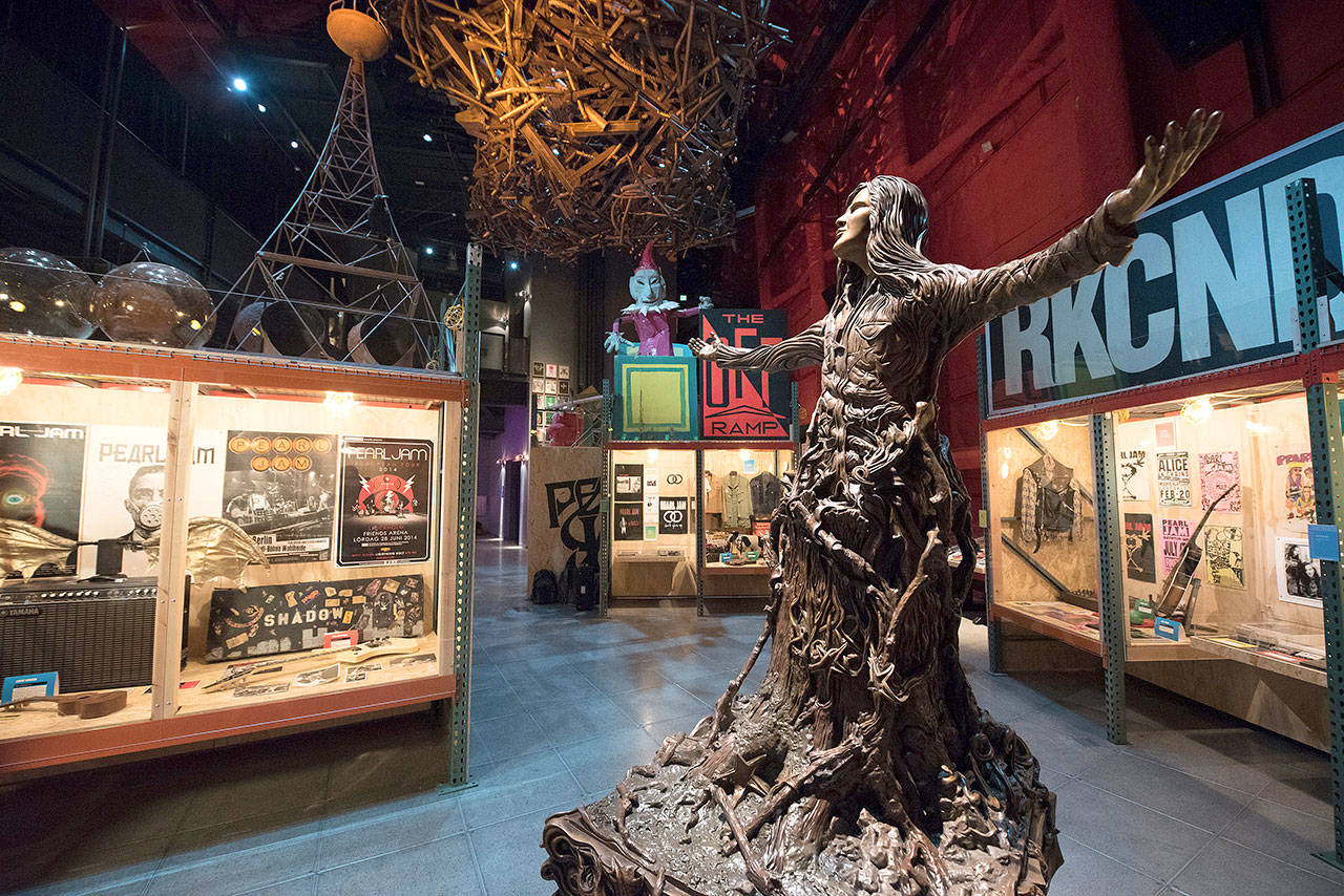 The Pearl Jam: Home and Away exhibit at the Museum of Pop Culture is on display through early 2019. A central piece of the exhibit is a new statue of the late Andrew Wood. Wood helmed the pre-Pearl Jam band, Mother Love Bone. (Jim Bennett/MoPOP)